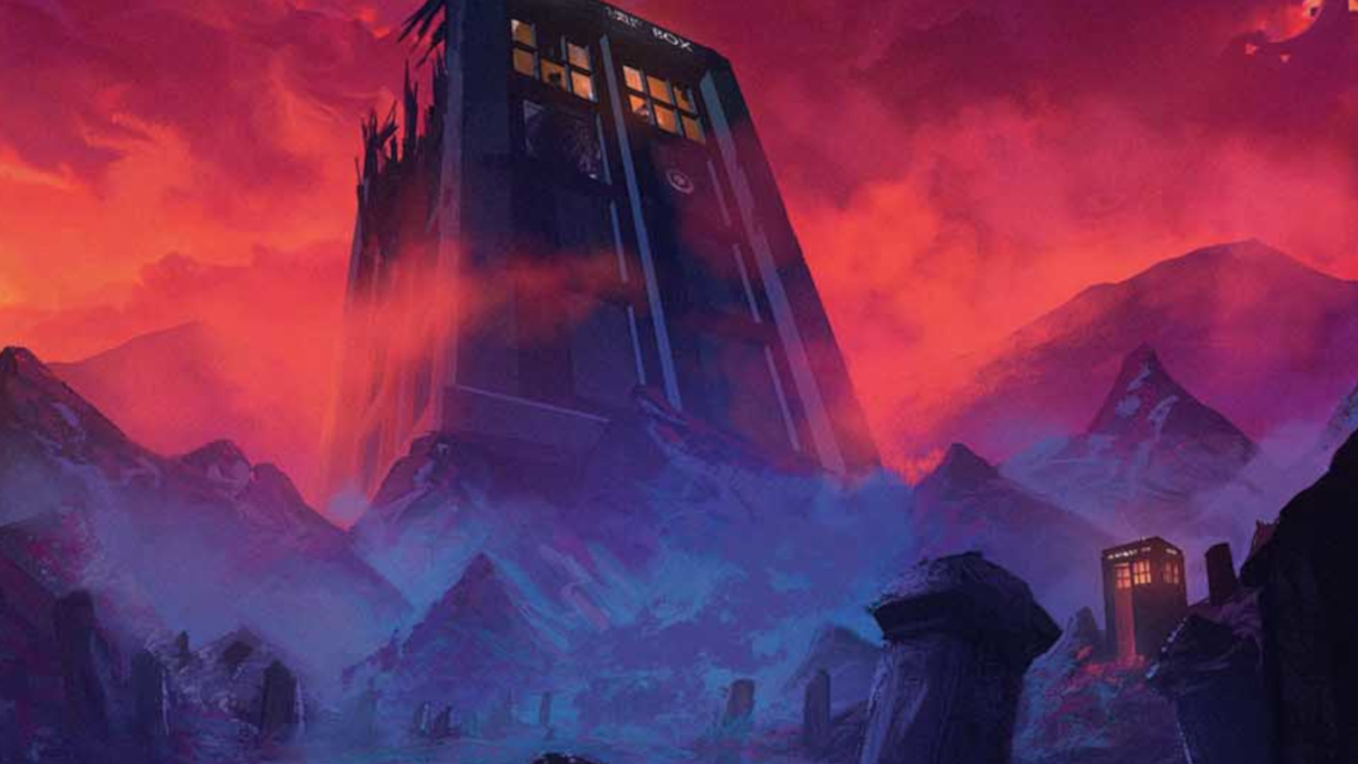 La carte Doctor's Tomb du deck Masters of Evil MTG Doctor Who Commander, montrant un énorme Tardis dominant le paysage