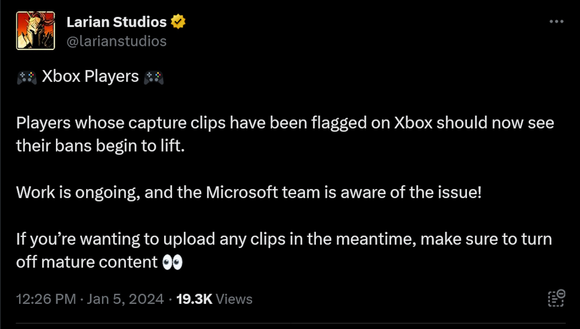 🎮 Joueurs Xbox 🎮 Les joueurs dont les clips de capture ont été signalés sur Xbox devraient désormais voir leurs bans commencer à être levés.  Les travaux sont en cours et l'équipe Microsoft est consciente du problème !  Si vous souhaitez mettre en ligne des clips entre-temps, assurez-vous de désactiver le contenu réservé aux adultes 👀