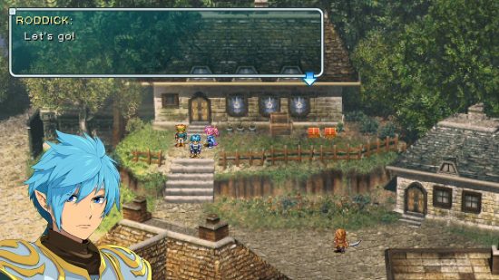 Valeur PS Plus 2023 : Un personnage parle au joueur via une zone de texte en haut de l'écran, tandis que des personnages pixel interagissent avec une porte en arrière-plan dans Star Ocean First Departure R, l'un des jeux Premium.