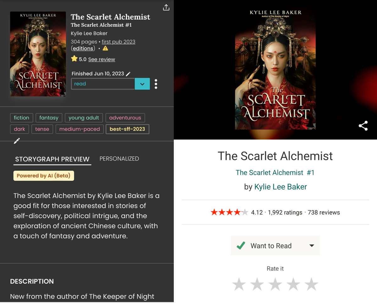 La gauche montre comment The Scarlet Alchemist de Kylie Lee Baker apparaît sur StoryGraph, tandis que la droite montre la page du même livre sur Goodreads.