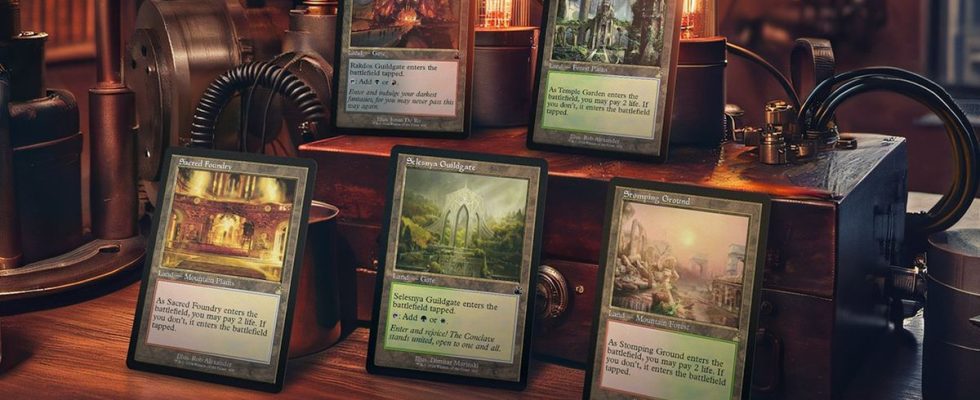 Magic: The Gathering promotional image - five cards on a retro-Steampunk background (detail)