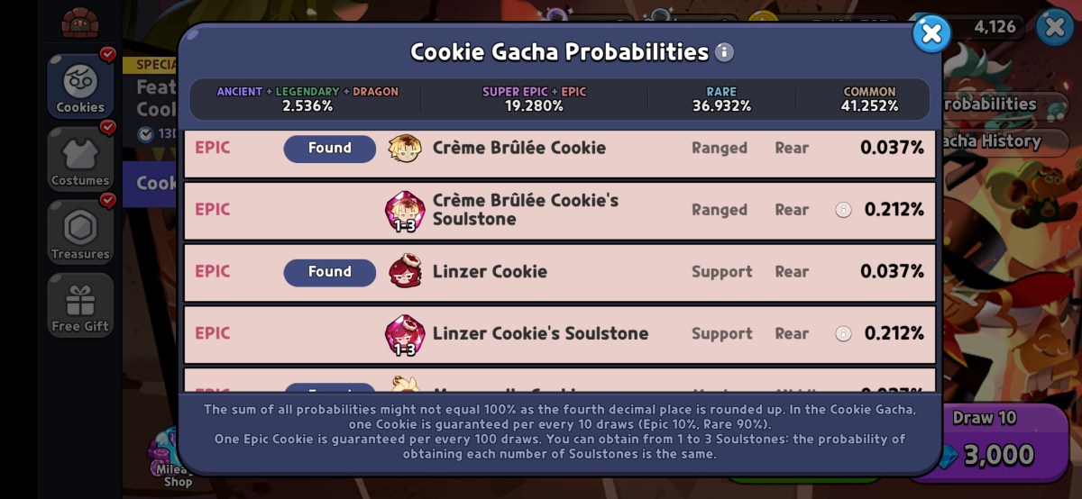 Une image montrant les probabilités d’obtenir Linzer Cookie dans Cookie Run Kingdom.
