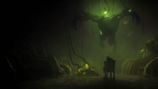 Une zone souterraine sombre remplie de smog vert, où une énorme bête est suspendue au plafond et où un liquide vert brillant est injecté, et un homme assis sur une chaise regarde