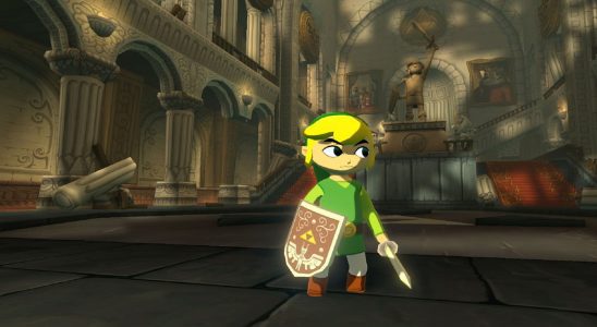 Zelda game Wind Waker with Link holding shield and Sword