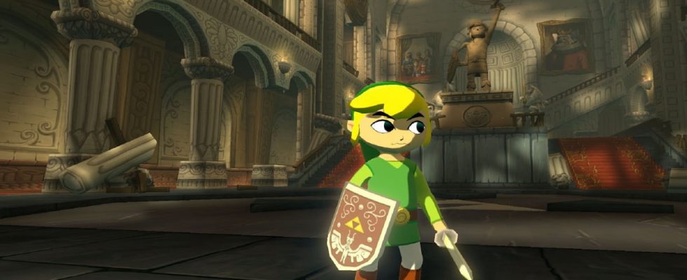 Zelda game Wind Waker with Link holding shield and Sword