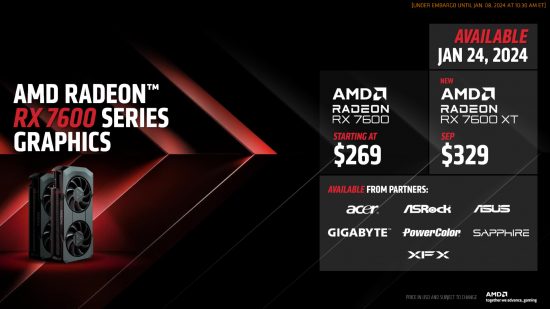 Les cartes graphiques AMD Radeon RX 7600 XT et Radeon RX 7600 (à gauche), avec des détails sur leurs prix ci-contre (à droite)