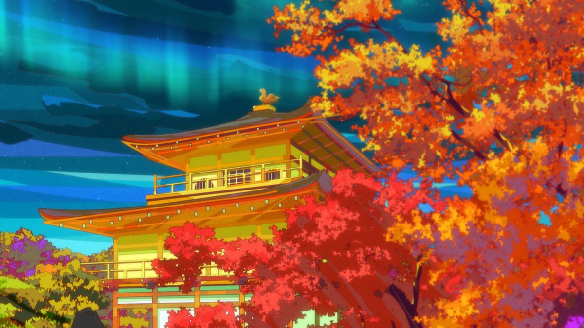 Une photo colorée d'un château de Kyoto avec des arbres d'automne et de belles vagues de lumière dans le ciel dans Great Pretender Razbliuto.