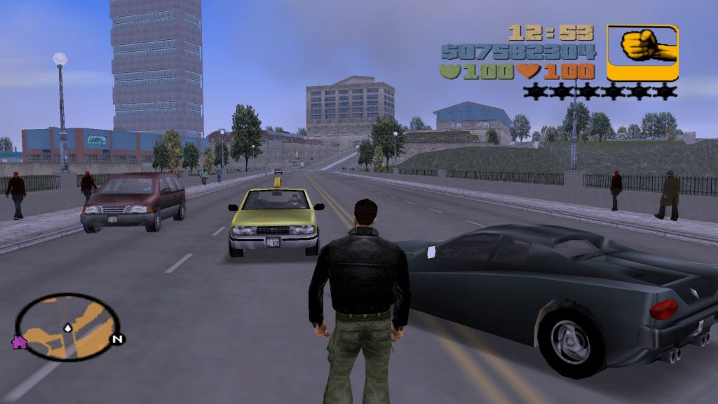 Des voitures sur une route dans GTA 3. 