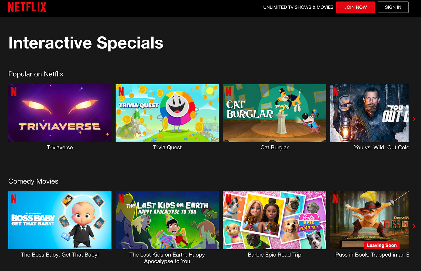 Une capture d'écran montrant des images miniatures pour Netflix s'affiche sous un titre intitulé "Offres spéciales interactives"