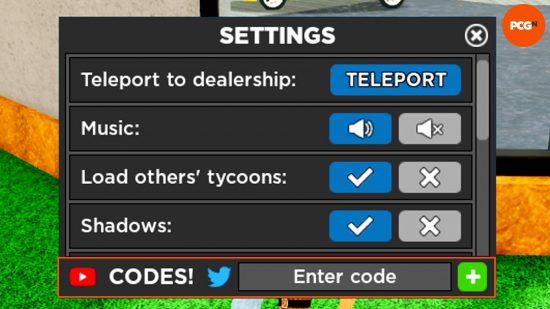 La boîte de paramètres dans laquelle vous pouvez saisir de nouveaux codes Car Dealership Tycoon.