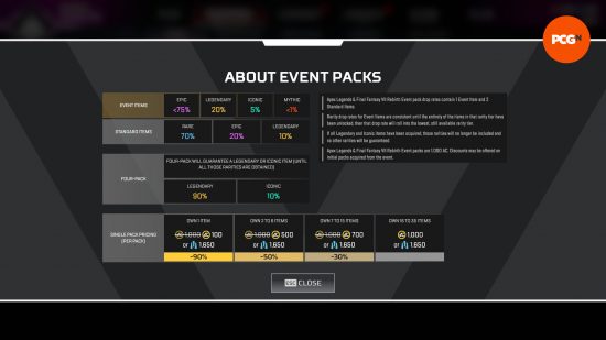 Événement Apex Legends Final Fantasy 7 Rebirth - Un écran expliquant comment le prix des packs d'événements change à mesure que d'autres sont débloqués.