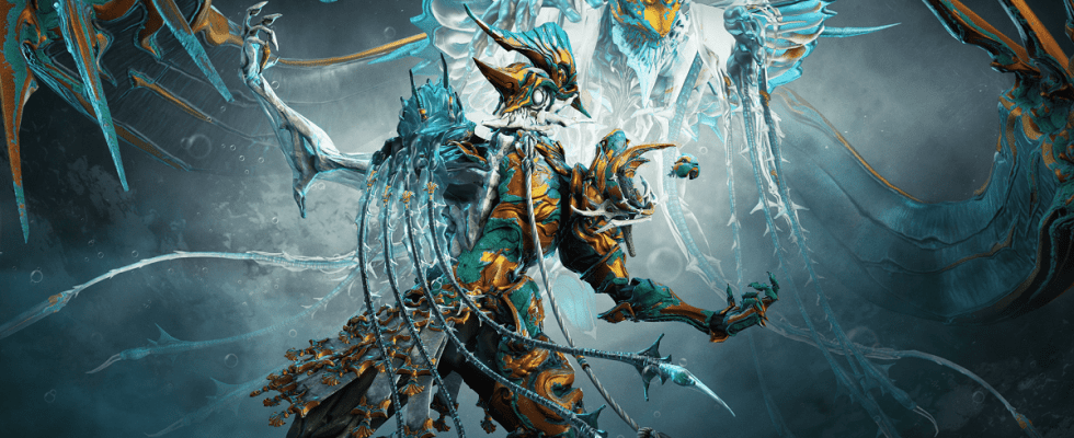 Image of humanoid machine in gold and green armor standing in front of a dragon-like machine in Warframe artwork.