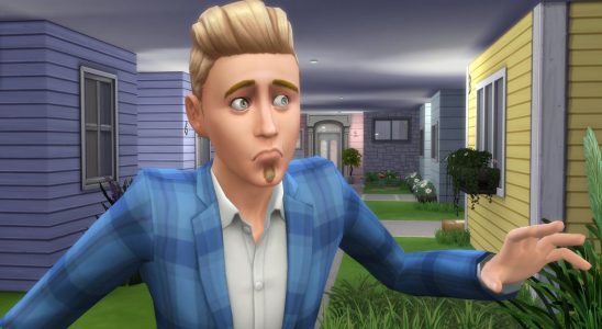 The Sims 4 - a man Sim in a blue suit walks fearfully through an underground city