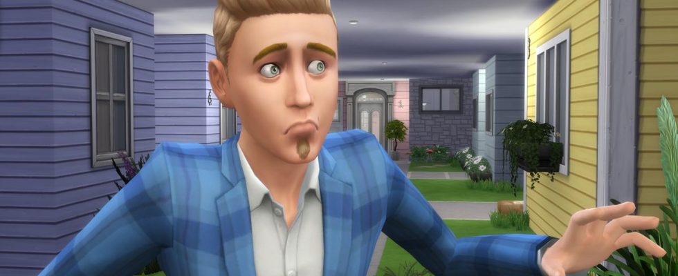 The Sims 4 - a man Sim in a blue suit walks fearfully through an underground city