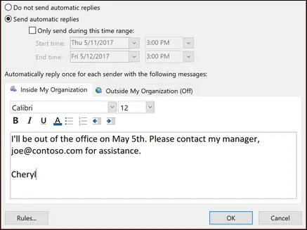 statut d'absence du bureau programmé dans Outlook