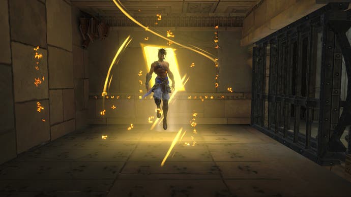 Une photo du héros de Prince of Persia : The Lost Crown, flottant dans les airs, rétro-éclairé par un bloc de lumière.