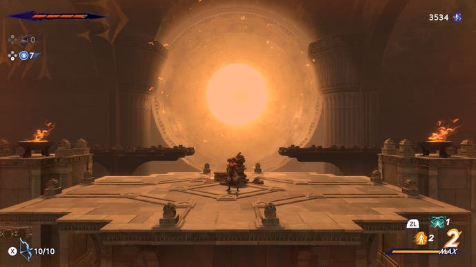 Le héros se tient sur un toit avec un énorme orbe lumineux au-dessus de lui dans Prince of Persia : The Lost Crown