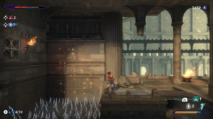 Une fosse à pointes se dresse devant le héros dans une crypte de pierre dans Prince of Persia : The Lost Crown