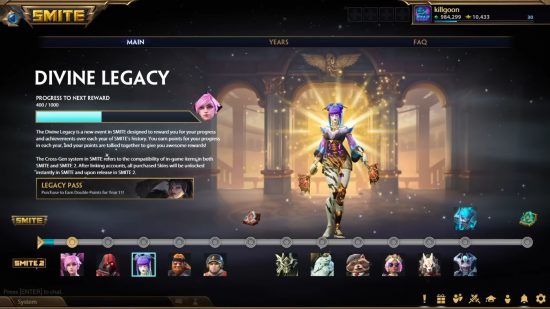 Système Smite 2 Divine Legacy - Capture d'écran de la nouvelle fonctionnalité qui suit les réalisations des joueurs dans le MOBA.