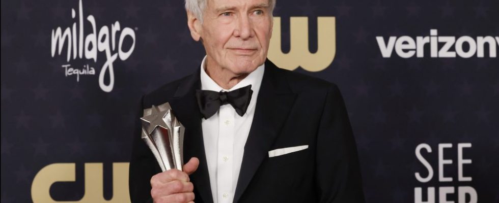 SANTA MONICA, CALIFORNIA - JANUARY 14: Honoree Harrison Ford, recipient of the Career Achievement Award, poses in the press room during the 29th Annual Critics Choice Awards at Barker Hangar on January 14, 2024 in Santa Monica, California. (Photo by Frazer Harrison/Getty Images)