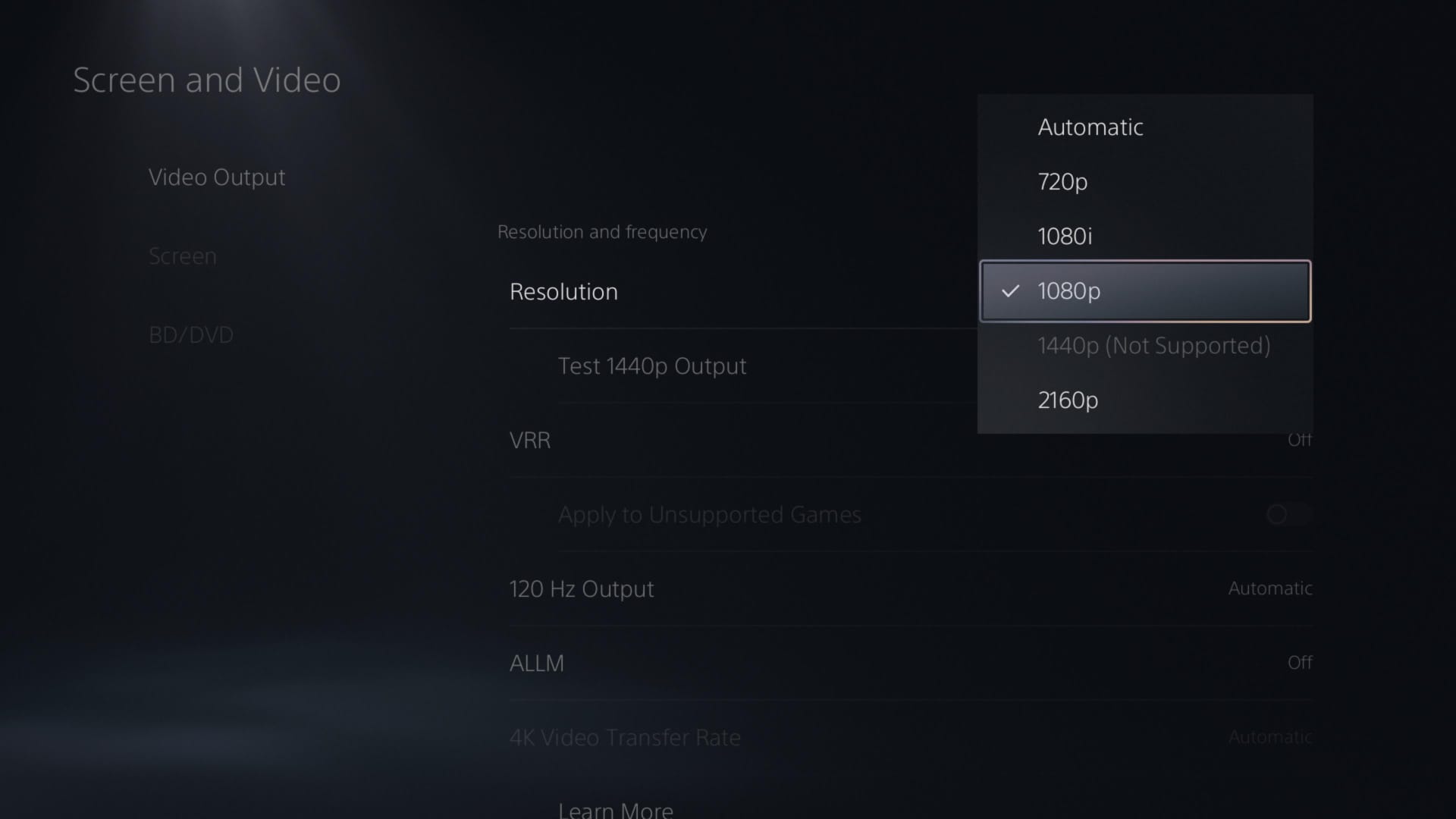 Une capture d'écran de la page du menu des paramètres d'affichage de la PS5