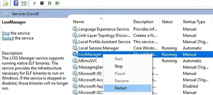 Redémarrez le service Windows Lxssmanager