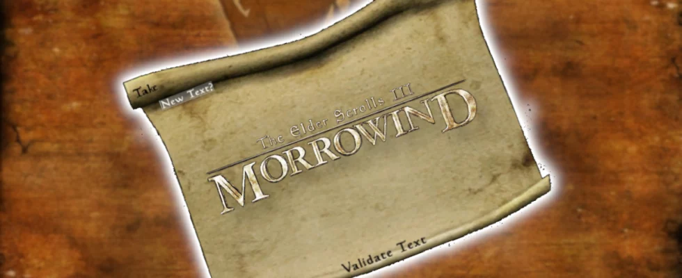 The Morrowind logo on a tilted scroll.
