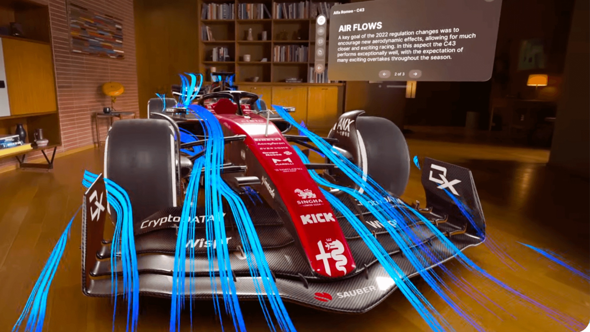 Jigspace sur Apple Vision Pro montrant une voiture de course F1
