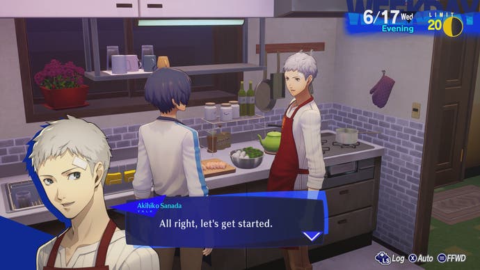 Image de Persona 3 Reload montrant le protagoniste cuisinant des plats avec Akihiko Sanada.