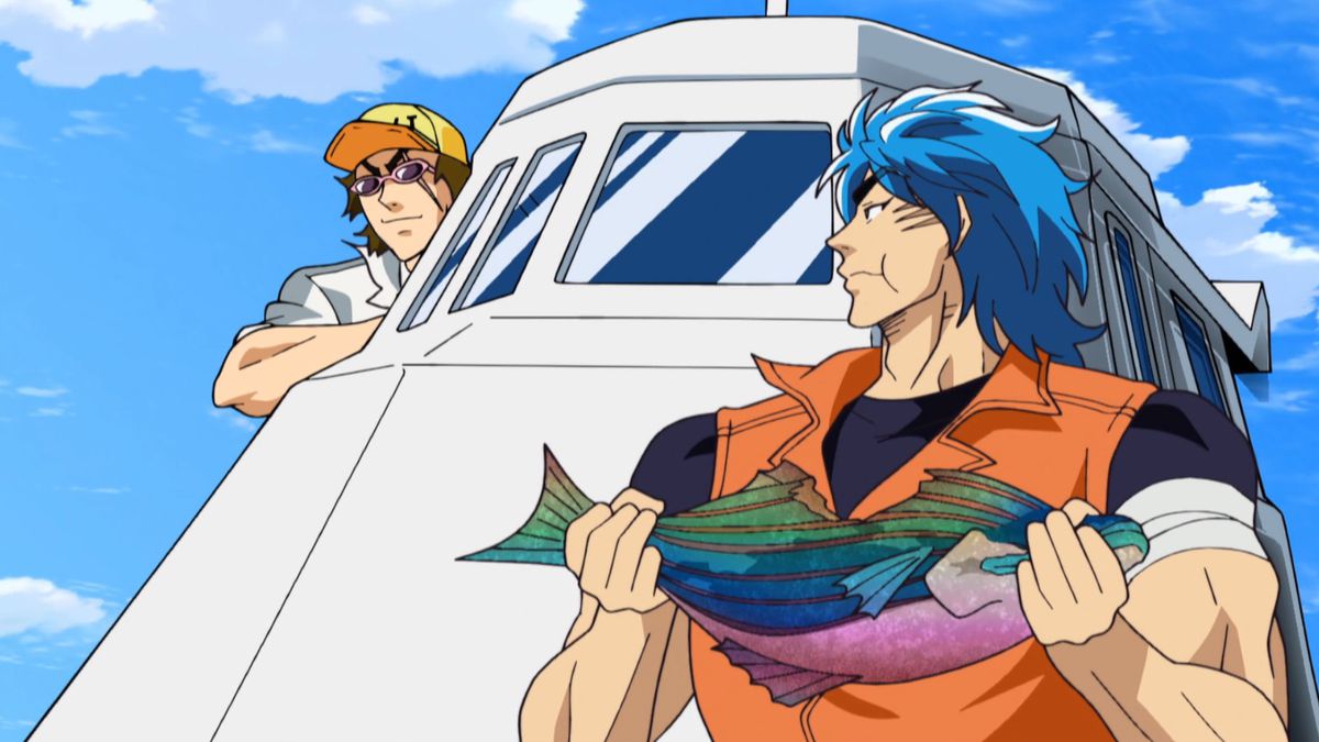 Un homme animé aux cheveux bleus vêtu d'une tenue orange mâchant une bouchée d'un poisson de couleur arc-en-ciel à bord d'un bateau avec un homme animé avec une casquette jaune penché par une fenêtre.