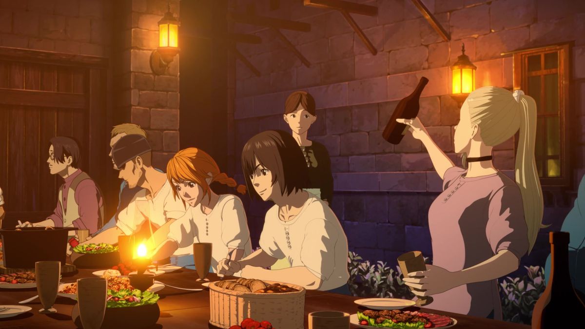 Un groupe de personnages d'anime assis à une table en train de manger de la nourriture dans Drifting Dragons.