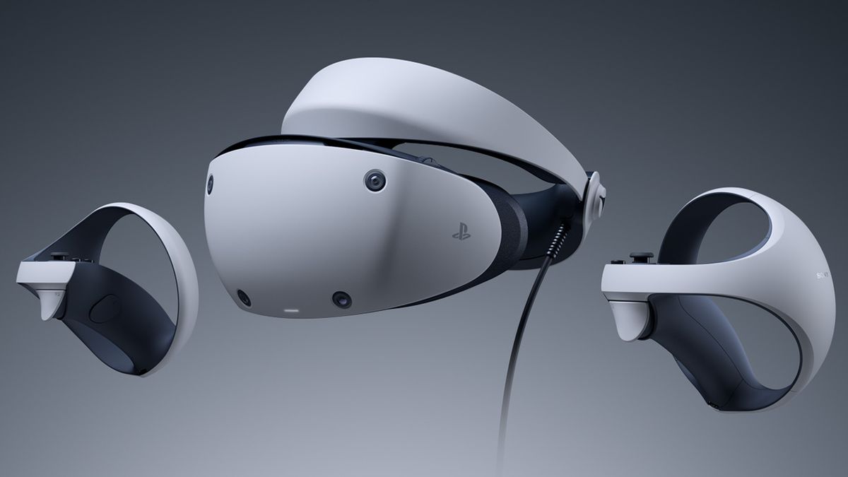 PlayStation VR 2, avec les contrôleurs VR 2 Sense flottant à côté
