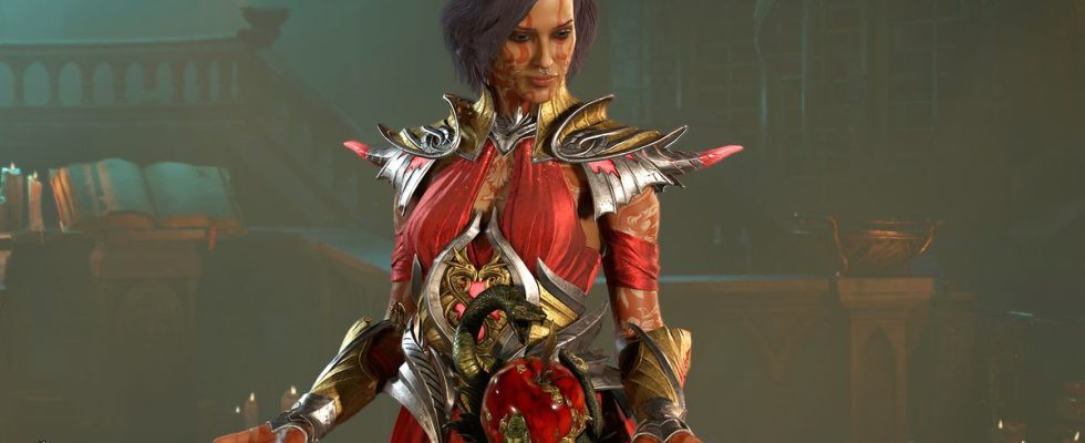 Diablo 4 Sorceress wearing red metallic armor looking down at her hands