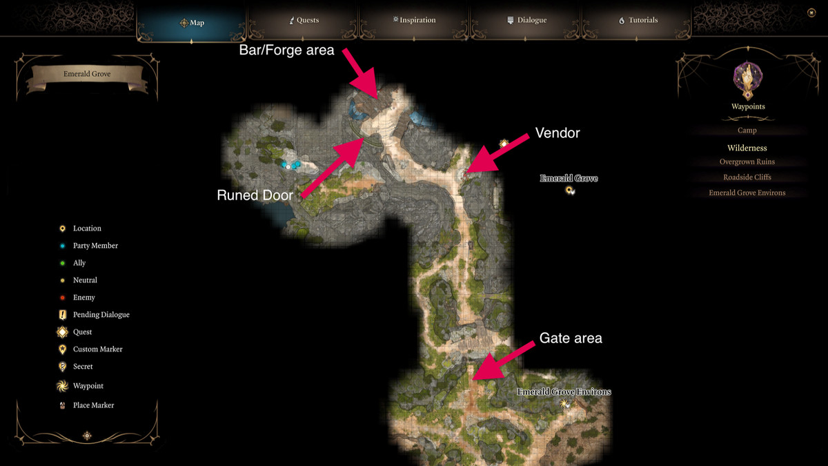 Une capture d'écran de la carte de la zone de l'acte 1 de Baldur's Gate 3, avec des flèches rouges ajoutées pour indiquer la porte d'Emerald Grove (en bas de la carte), la zone Bar/Forge (en haut de la carte), les ruines Porte (à gauche du bar/forge) et un PNJ vendeur (à droite du bar/forge)