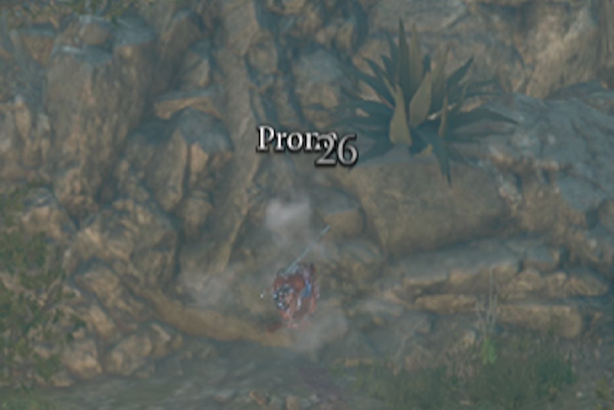 Une capture d'écran agrandie d'un personnage de Baldur's Gate 3 ayant effectué un très long saut.  Le texte de statut plane au-dessus du personnage, indiquant qu'il a subi 26 points de dégâts et qu'il est maintenant allongé sur le sol.
