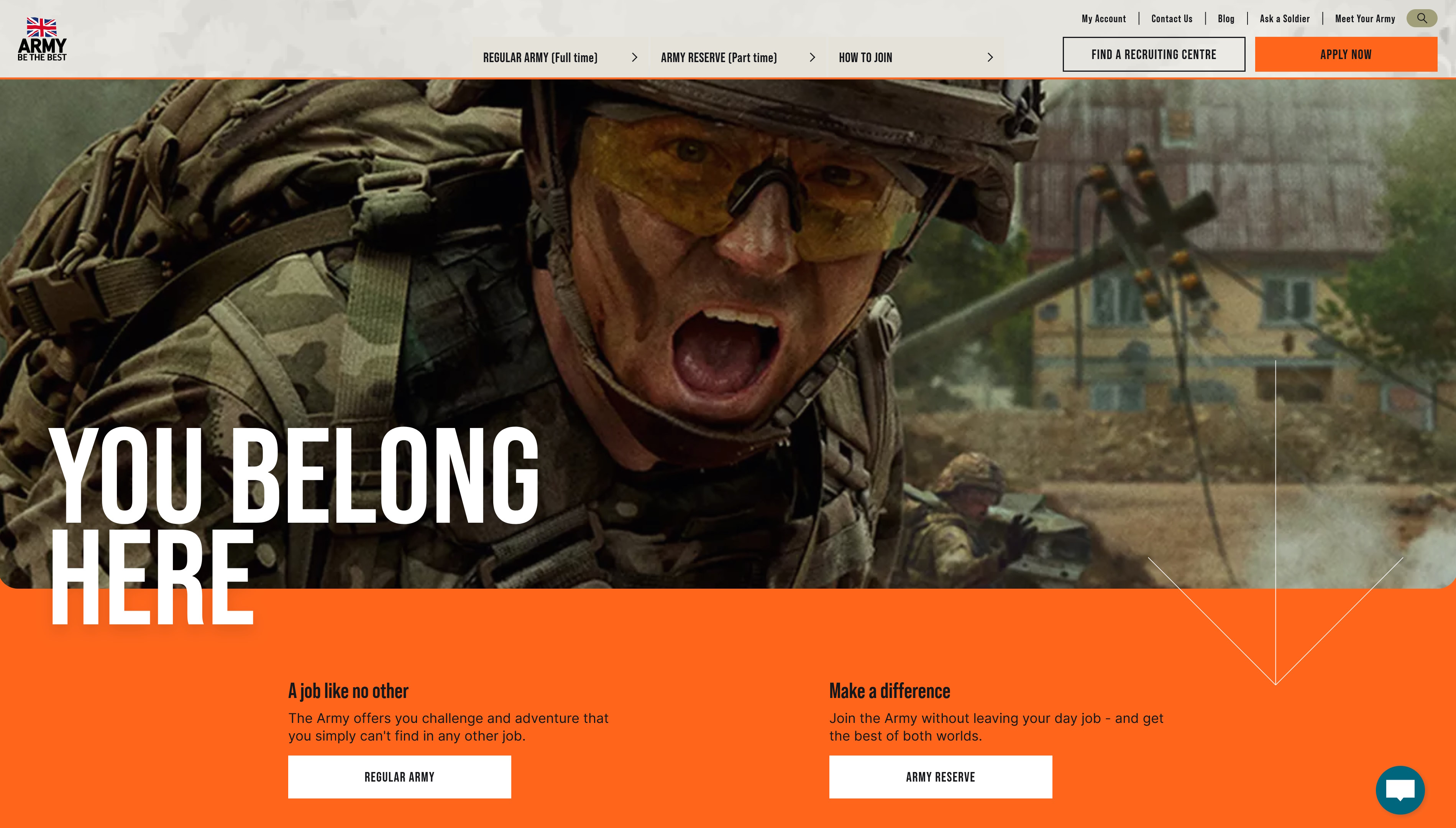 En-tête du site Web Emplois et recrutement de l'armée britannique - photo d'un soldat et les mots 