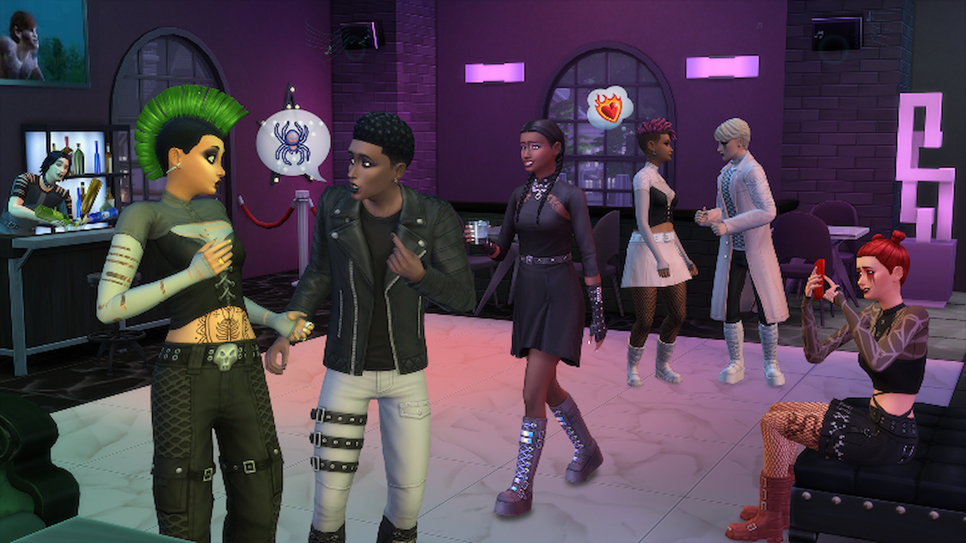 Kit Les Sims 4 goth goth : une capture d'écran de Sims lors d'une fête portant des vêtements sombres de style gothique