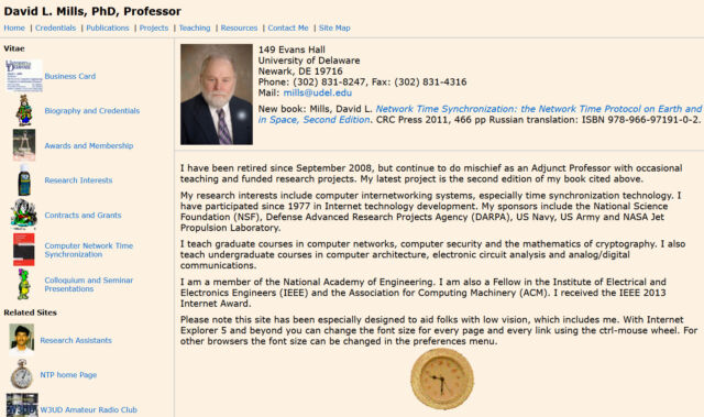 Une capture d'écran du site Web du Dr David L. Mills de l'Université du Delaware, prise le 19 janvier 2024.