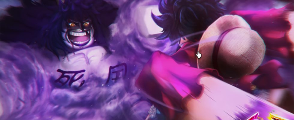 A header image for the Fruit Battlegrounds game in Roblox showing a Luffy knock off fighting a villain.