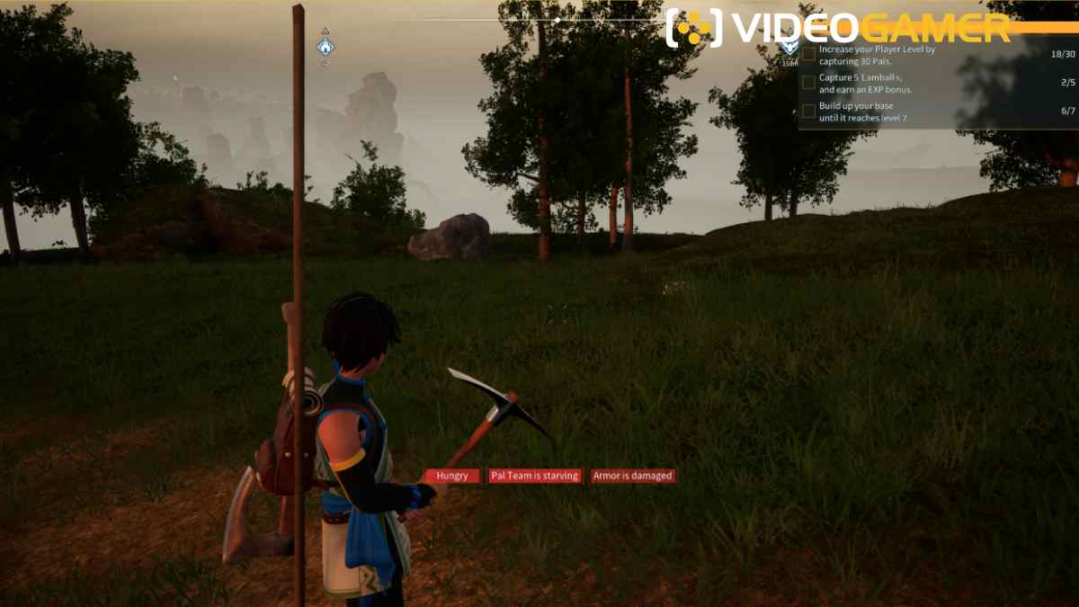 Une capture d'écran d'un jeu vidéo montrant un homme dans un champ, mettant en valeur les graphismes époustouflants et l'environnement immersif de Palworld.