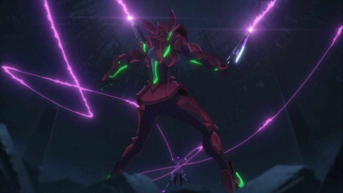 Une silhouette en armure rouge se tient devant un essaim de projectiles violets traçant derrière eux des lignes d'énergie sinueuse en Metallic Rouge.
