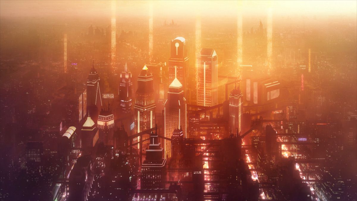 Un paysage urbain futuriste avec de grands gratte-ciel et des rayons de lumière s'élevant dans le ciel en Metallic Rouge.