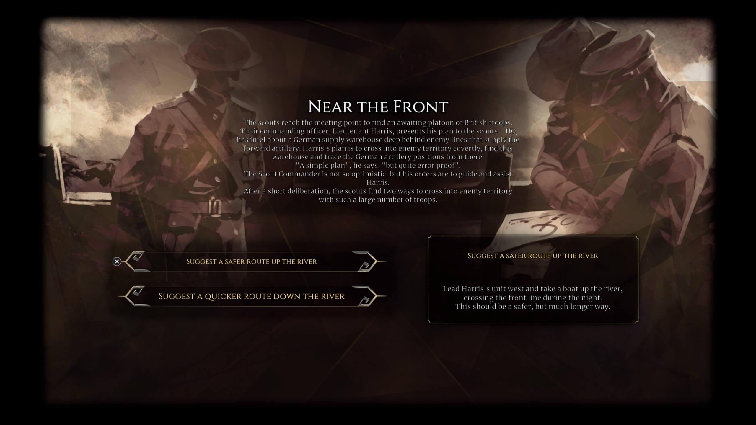 Une carte d'événement avec un groupe de soldats en arrière-plan.  La carte demande au joueur s'il souhaite que ses éclaireurs empruntent un itinéraire sûr ou un itinéraire rapide vers sa destination.