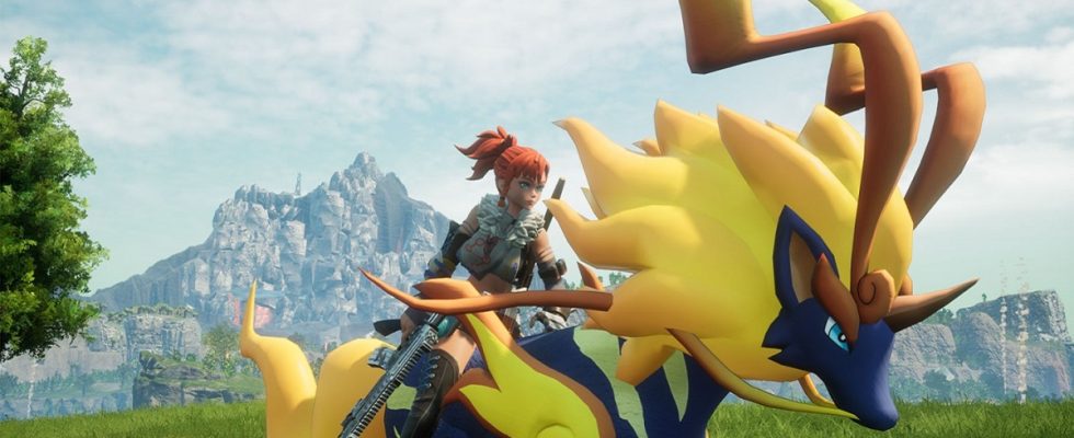 A player riding a Pal in Paldworld. This image is part of an article about the best stats to use points on in Palworld.