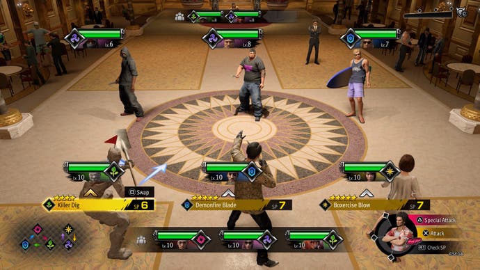 Capture d'écran de Like A Dragon : Infinite Wealth, montrant un combat dans le mini-jeu de type Pokémon, Sujimon.
