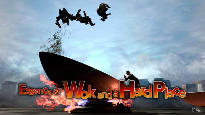 Capture d'écran de Like A Dragon : Infinite Wealth, montrant des ennemis en train de rôtir dans un wok géant.