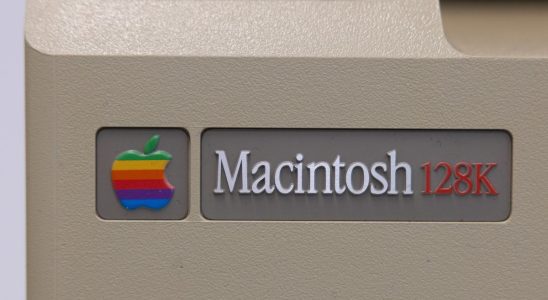 The model badge showing the working memory of 128K of an early Apple Macintosh Model M0001, as they celebrate 40th anniversary, is on display at the independent Apple products store chain Amac, on January 24, 2024 in Utrecht, The Netherlands. Based on the Motorola 68000 microprocessor, the Macintosh was the first successful mouse-driven computer with a graphical user interface.