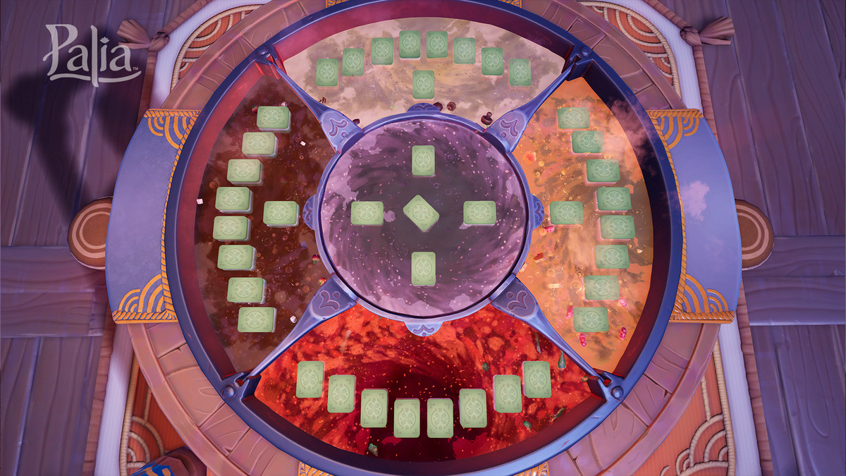 Une vue de haut en bas du jeu de cartes Hotpot à Palia, représenté par des tuiles semblables à un mahjong flottant dans un énorme pot de soupe bouillonnante.