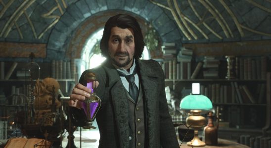 Hogwarts Legacy potions professor holding a potion