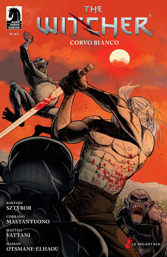 Un Geralt seins nus combat ses ennemis sur la couverture de la bande dessinée The Witcher Corvo Bianco